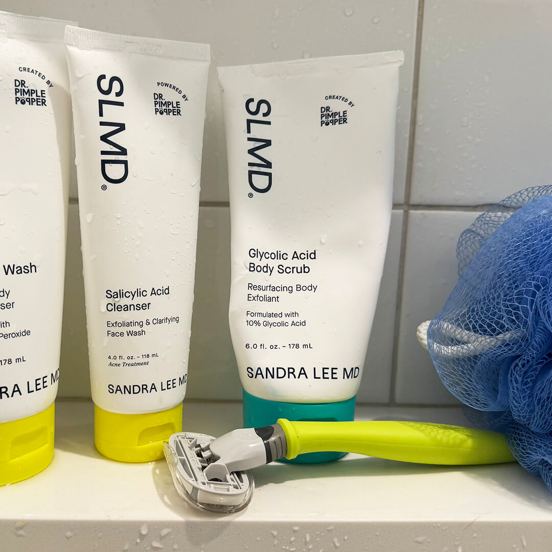 SLMD Skincare products for face and body in the shower
