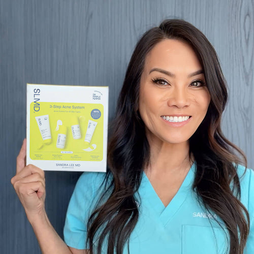 A photo of Dr. Pimple Popper and SLMD Acne System to treat adult and hormonal acne