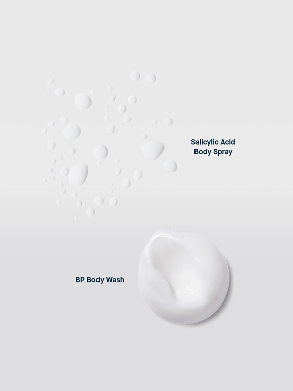 Product swatches of SLMD BP Body Wash and Salicylic Acid Body Spray by Dr. Sandra Lee