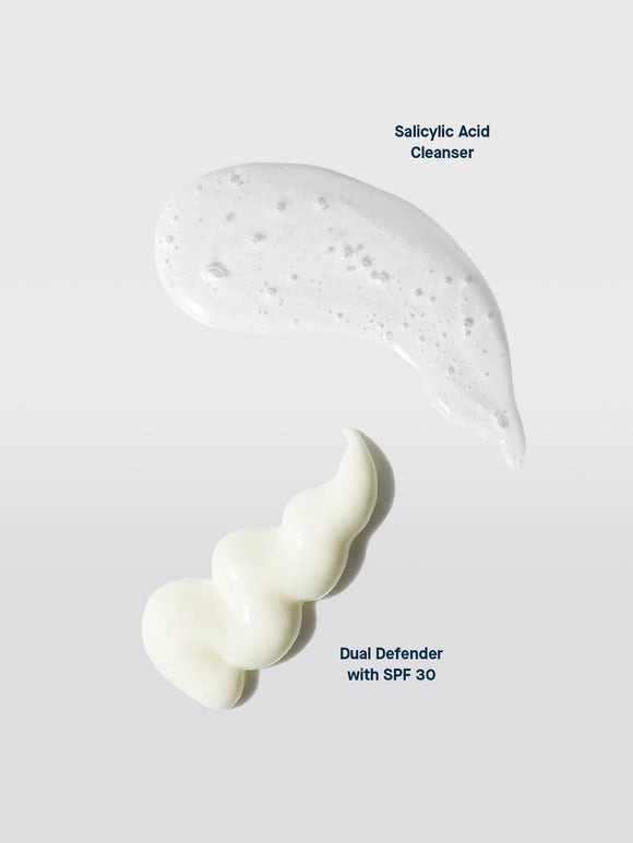 Product texture of SLMD Salicylic Acid Cleanser and Dual Defender SPF 30 Healthy Skin Duo